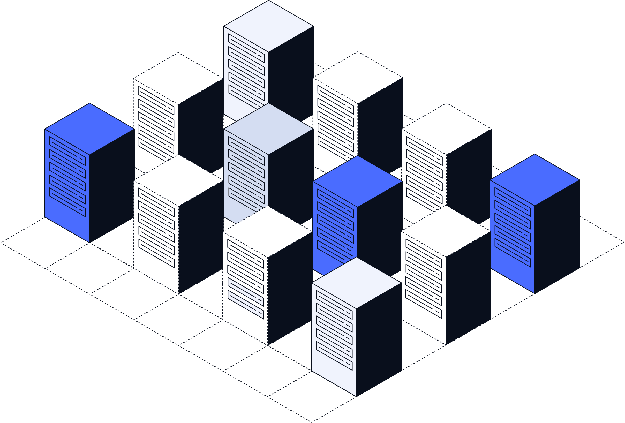 Isometric illustration of a scalable cloud server cluster